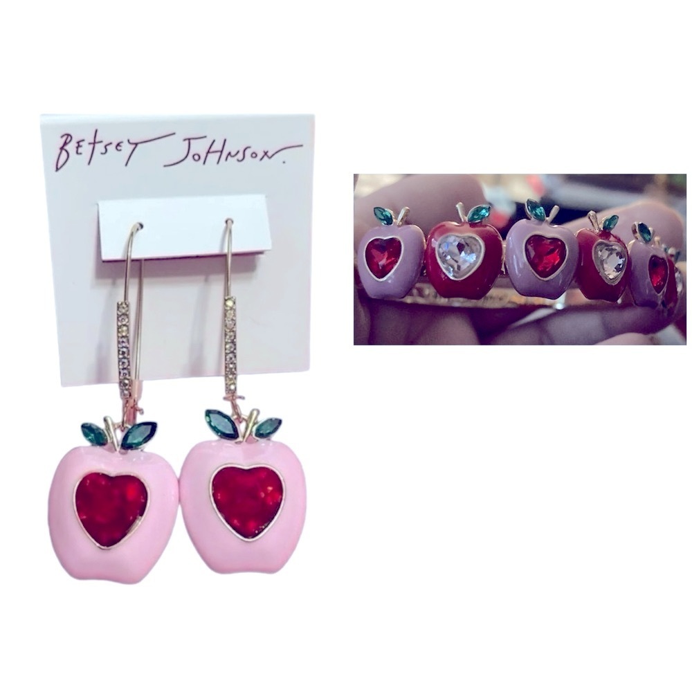 BETSEY JOHNSON SET Pink Apple Bejeweled Earrings & Ltd Edition Bracelet NEW NWT